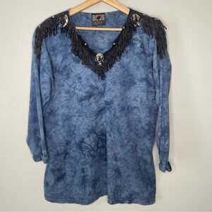 BOSS Vintage Long Sleeve Blue Tie Dye Pullover Top V-Neck (one size)